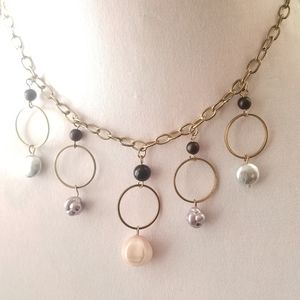 Circles and beads necklace faux pearls antiqued gold tone metal peach